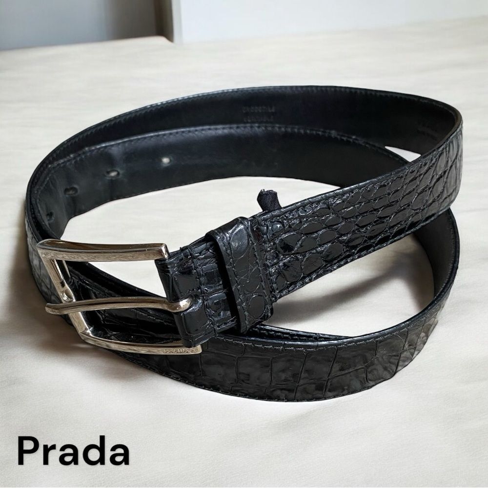 Prada Women’s L/XL Exotic Crocodile Leather Belt Black Patent Quiet Luxury‎